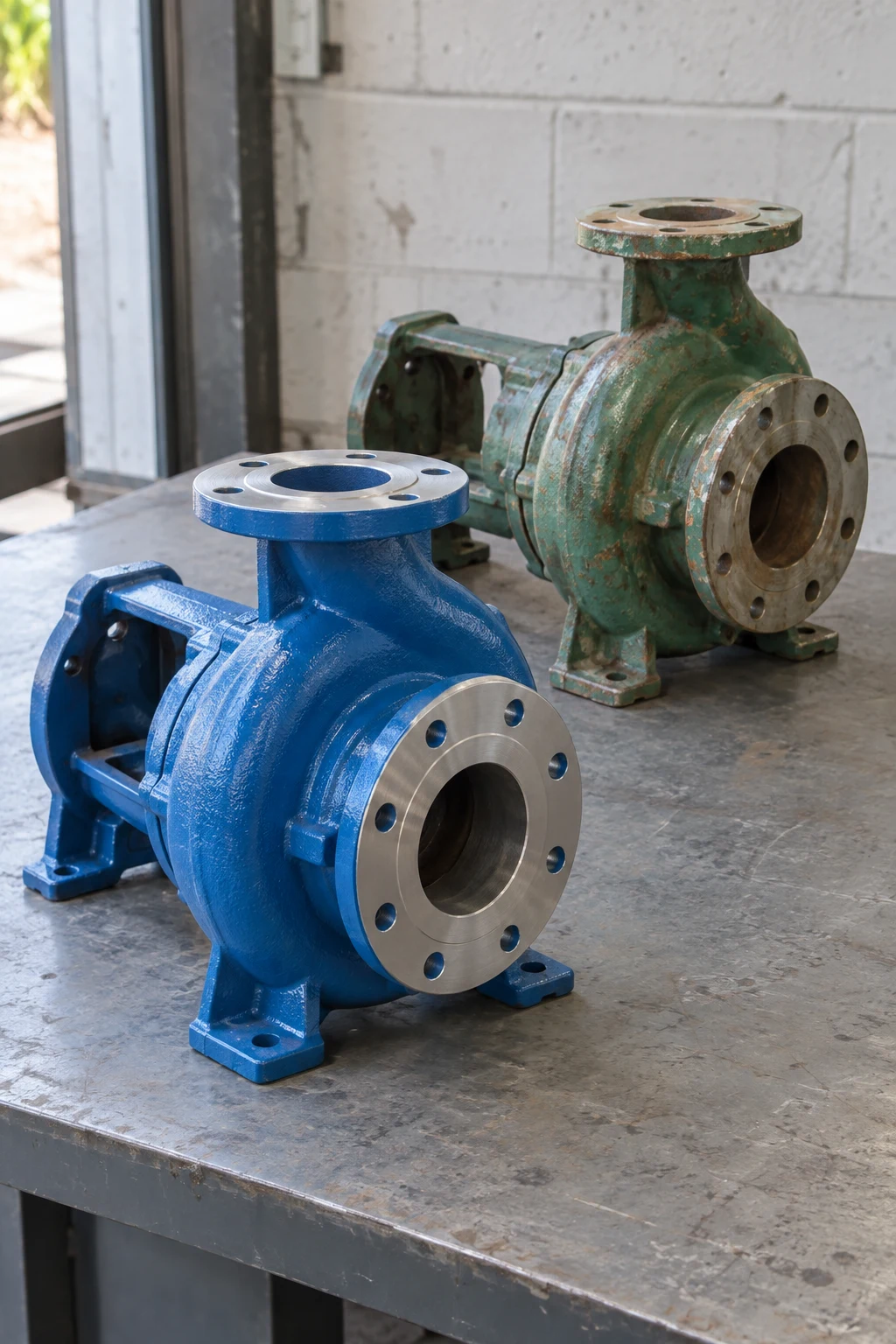 Illustrative worn water pump beside a new replacement pump