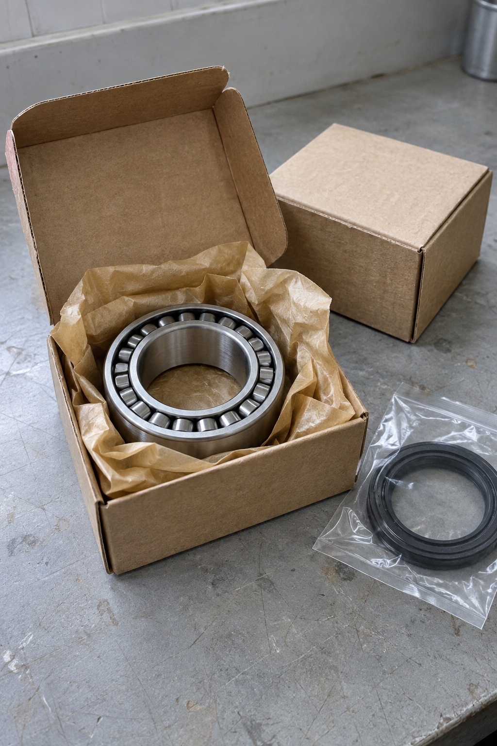AI-generated illustration of a bearing and seal with protective parts packaging, not evidence of manufacturer provenance