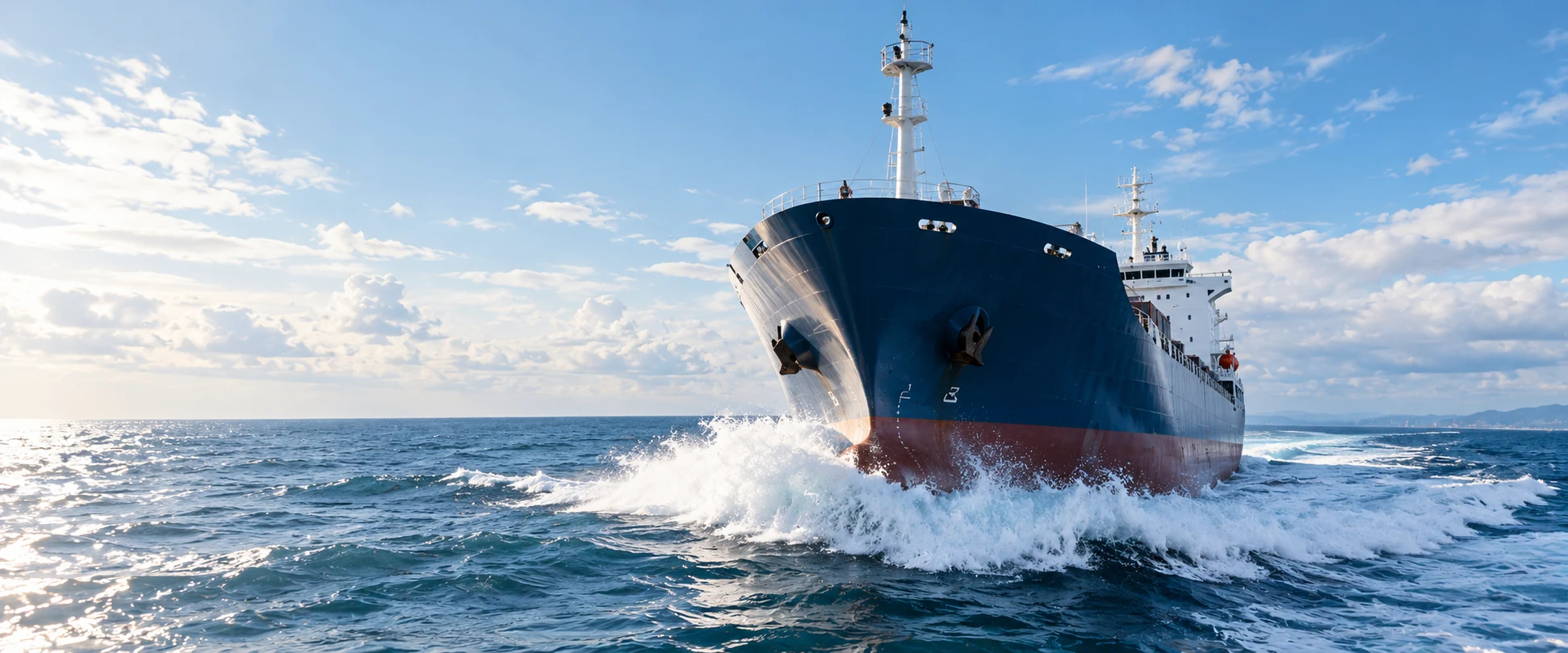 Large blue cargo vessel sailing through open sea