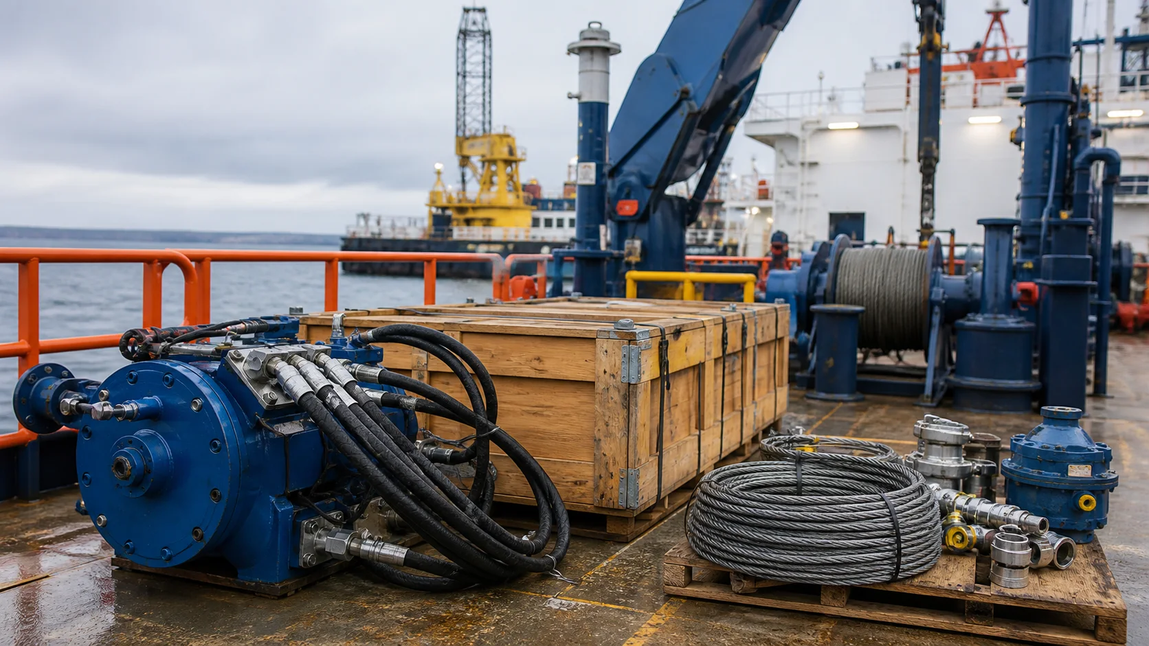 Marine equipment and packed spares on a vessel deck