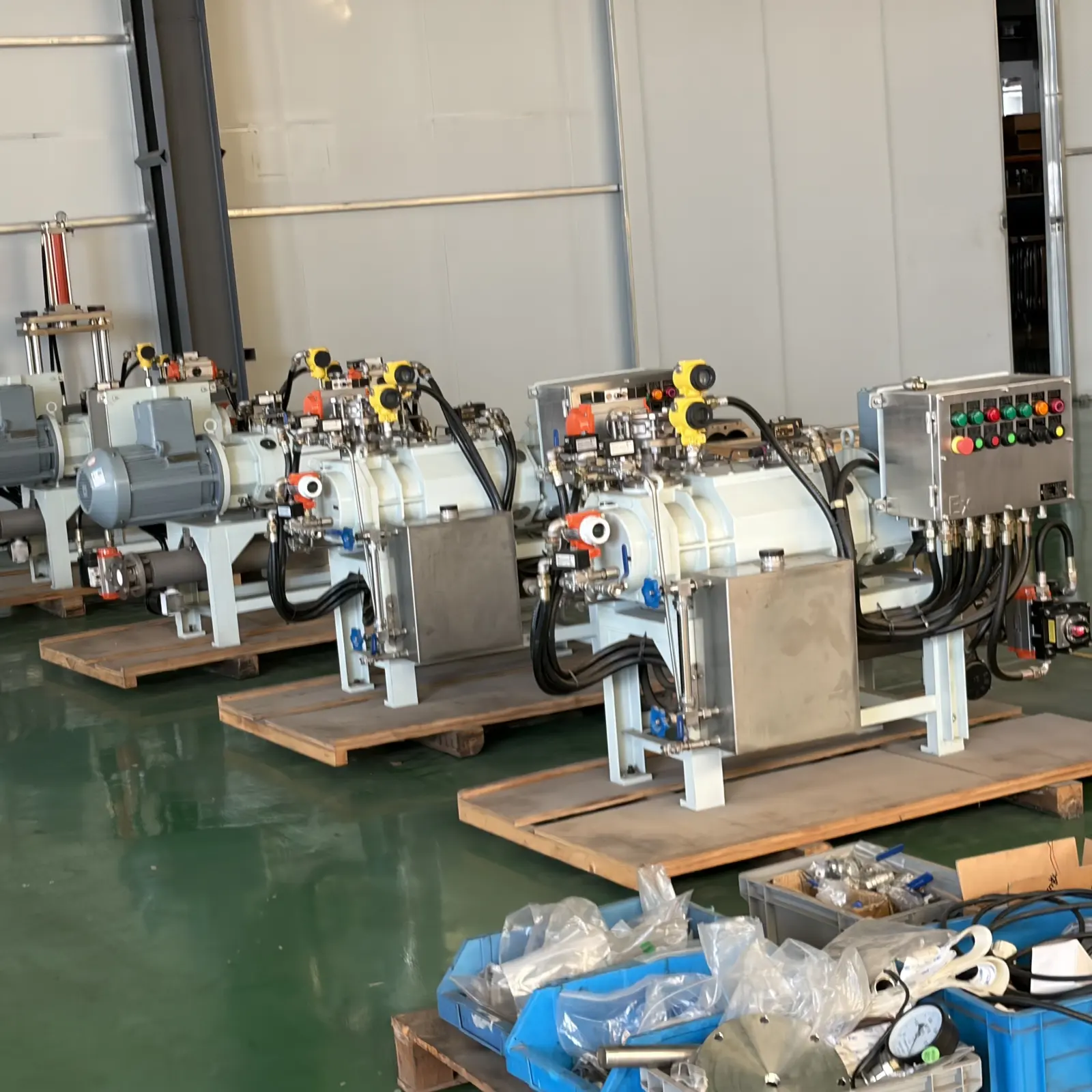 Prepared equipment units on workshop pallets