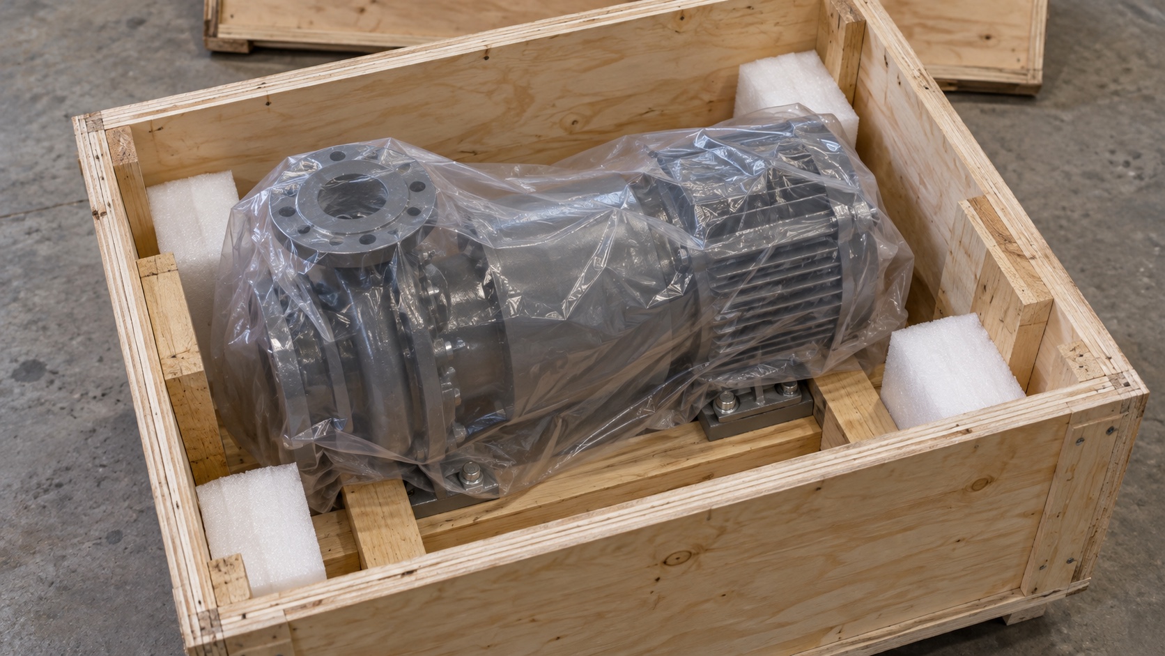 AI-generated illustration of a pump secured inside a wooden crate with protective wrapping and foam padding